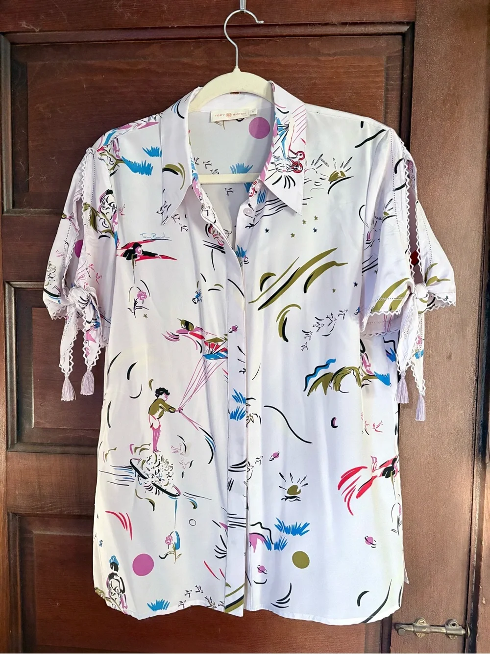Tory Burch White silk Short-Sleeve Printed Blouse with Tassel Details - Picture 1 of 5